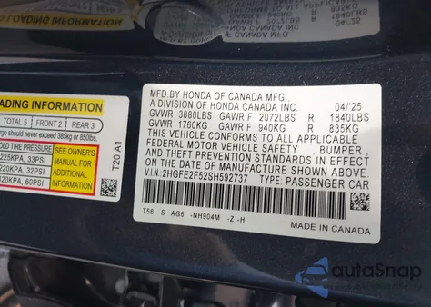 2025 Honda Civic Sport from USA, damaged, VIN 2HGFE2F52SH592737
